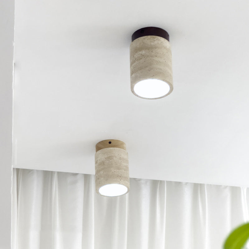 Traditional Japanese Cylinder Solid Wood Yellow Travertine 1-Light Semi-Flush Mount Ceiling Light For Hallway