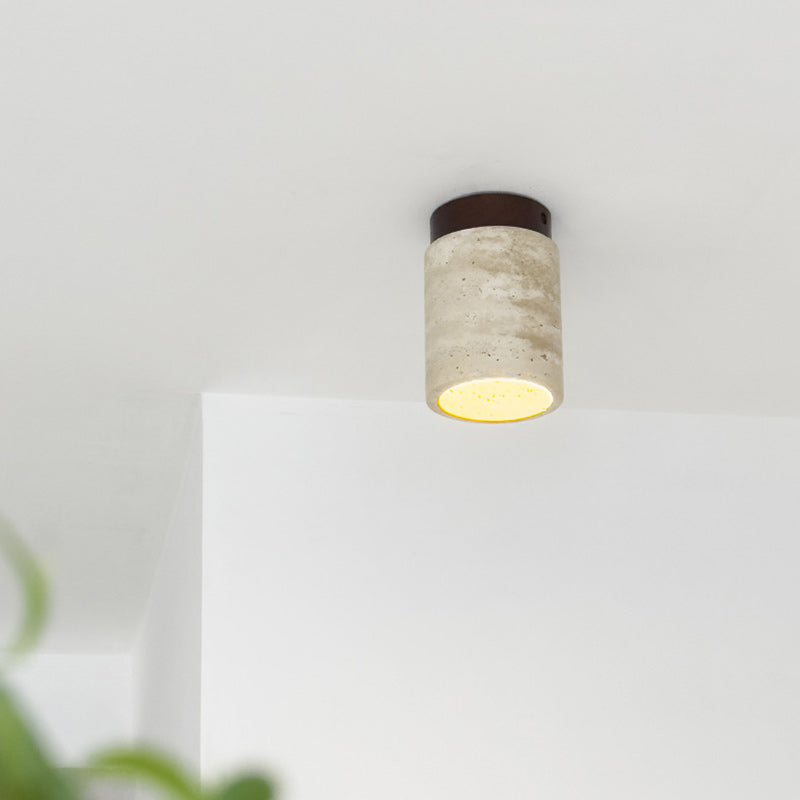Traditional Japanese Cylinder Solid Wood Yellow Travertine 1-Light Semi-Flush Mount Ceiling Light For Hallway