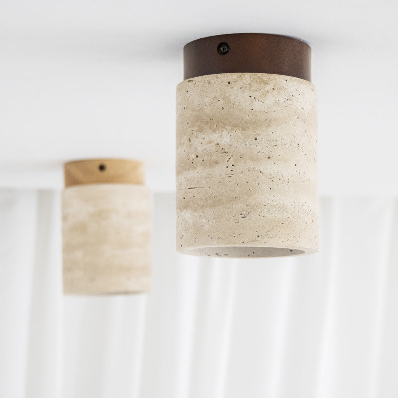Traditional Japanese Cylinder Solid Wood Yellow Travertine 1-Light Semi-Flush Mount Ceiling Light For Hallway