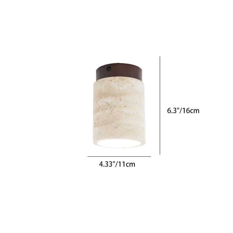 Traditional Japanese Cylinder Solid Wood Yellow Travertine 1-Light Semi-Flush Mount Ceiling Light For Hallway