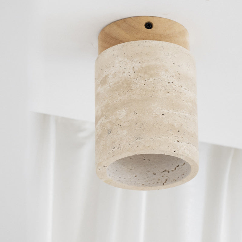 Plafonnier semi-encastré 1 lumière en bois massif cylindrique japonais traditionnel avec travertin jaune pour couloir 