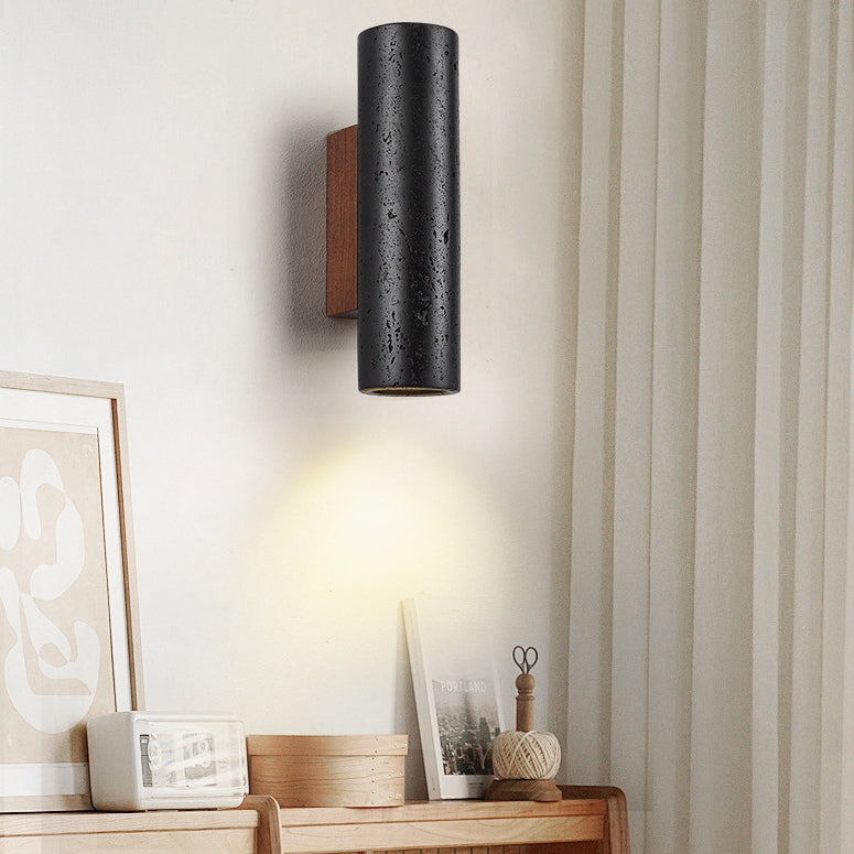 Moderner minimalistischer Zylinder aus schwarzem Travertin, Wandleuchte aus massivem Holz mit 1 Licht für das Wohnzimmer 