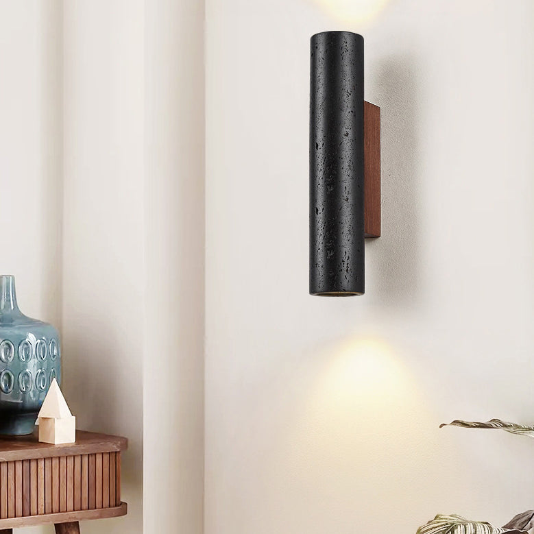 Moderner minimalistischer Zylinder aus schwarzem Travertin, Wandleuchte aus massivem Holz mit 1 Licht für das Wohnzimmer 