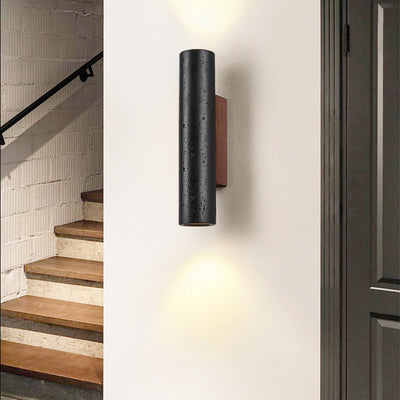 Moderner minimalistischer Zylinder aus schwarzem Travertin, Wandleuchte aus massivem Holz mit 1 Licht für das Wohnzimmer 