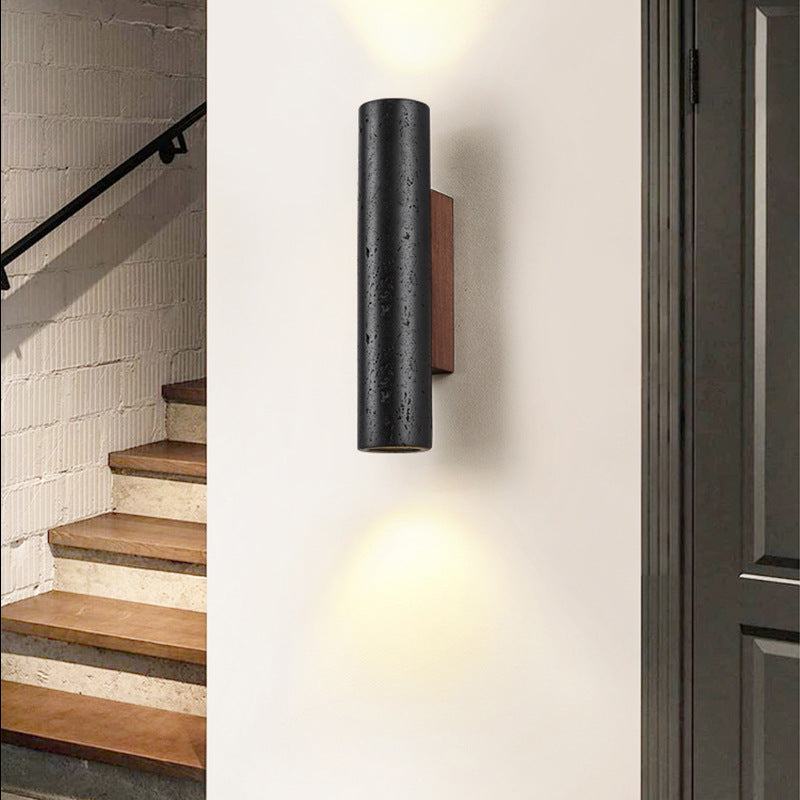 Moderner minimalistischer Zylinder aus schwarzem Travertin, Wandleuchte aus massivem Holz mit 1 Licht für das Wohnzimmer 