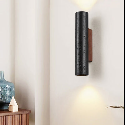 Moderner minimalistischer Zylinder aus schwarzem Travertin, Wandleuchte aus massivem Holz mit 1 Licht für das Wohnzimmer 