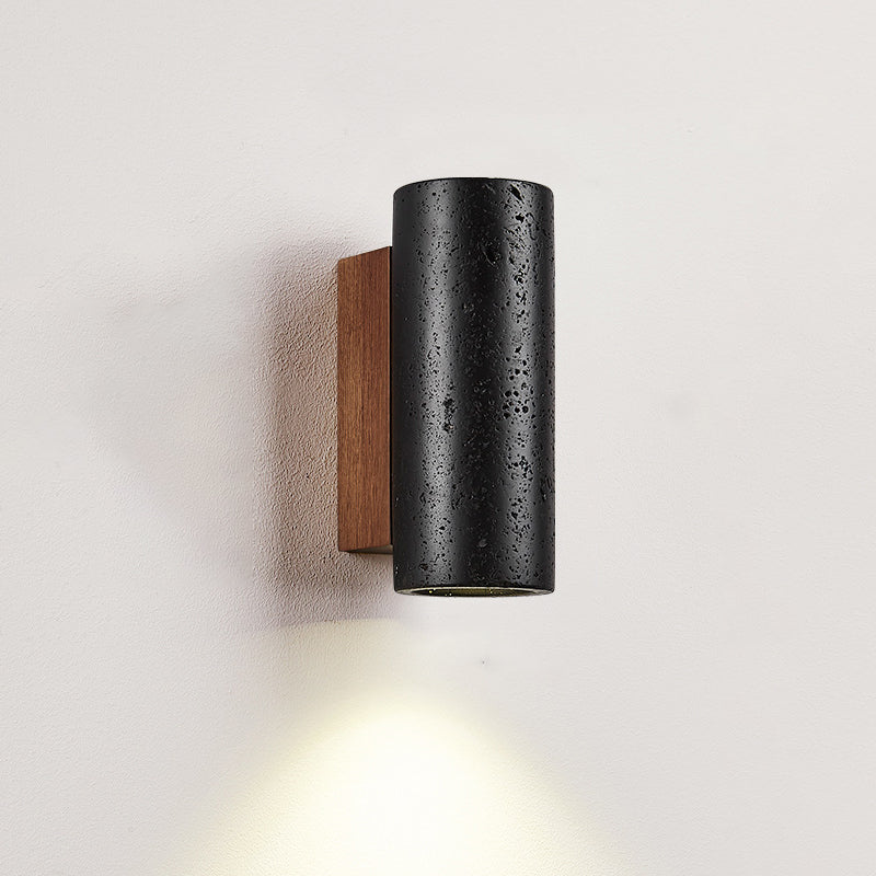 Moderner minimalistischer Zylinder aus schwarzem Travertin, Wandleuchte aus massivem Holz mit 1 Licht für das Wohnzimmer 