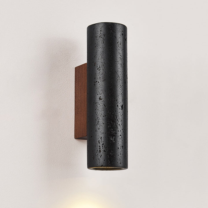 Moderner minimalistischer Zylinder aus schwarzem Travertin, Wandleuchte aus massivem Holz mit 1 Licht für das Wohnzimmer 