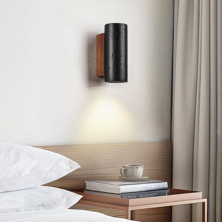 Moderner minimalistischer Zylinder aus schwarzem Travertin, Wandleuchte aus massivem Holz mit 1 Licht für das Wohnzimmer 