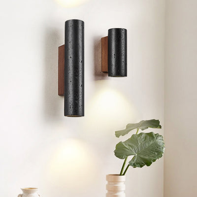 Moderner minimalistischer Zylinder aus schwarzem Travertin, Wandleuchte aus massivem Holz mit 1 Licht für das Wohnzimmer 