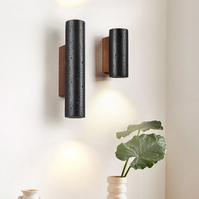 Moderner minimalistischer Zylinder aus schwarzem Travertin, Wandleuchte aus massivem Holz mit 1 Licht für das Wohnzimmer 