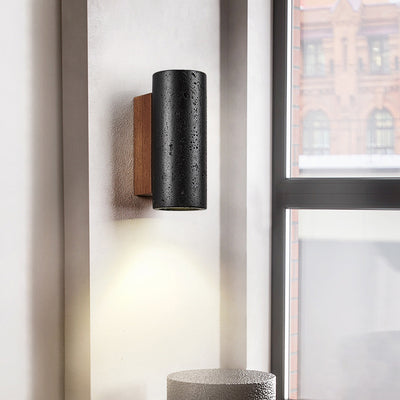 Moderner minimalistischer Zylinder aus schwarzem Travertin, Wandleuchte aus massivem Holz mit 1 Licht für das Wohnzimmer 