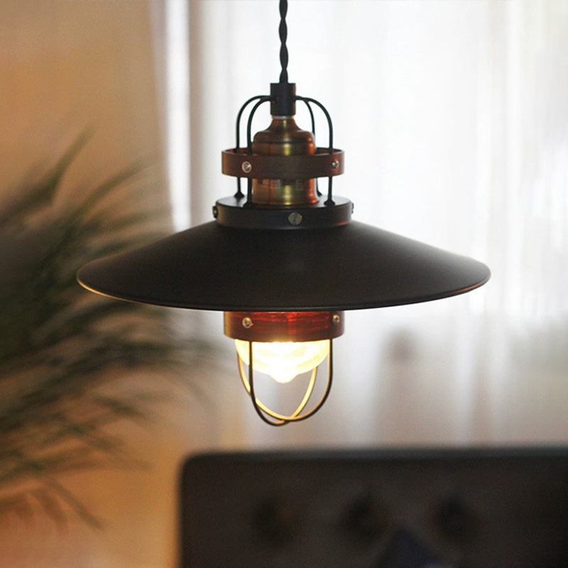 Traditional Japanese Cone Iron Solid Wood 1-Light Pendant Light For Bedroom