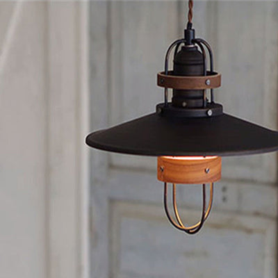 Traditional Japanese Cone Iron Solid Wood 1-Light Pendant Light For Bedroom