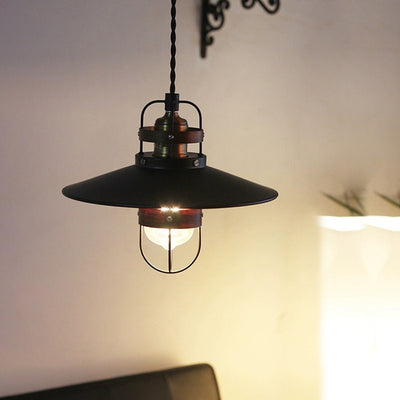 Traditional Japanese Cone Iron Solid Wood 1-Light Pendant Light For Bedroom