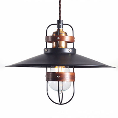 Traditional Japanese Cone Iron Solid Wood 1-Light Pendant Light For Bedroom