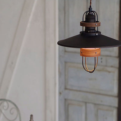 Traditional Japanese Cone Iron Solid Wood 1-Light Pendant Light For Bedroom