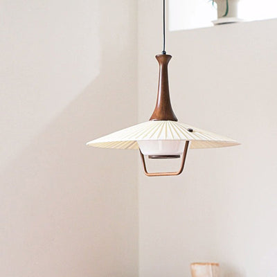 Traditional Japanese Cone Iron Solid Wood Glass 1-Light Pendant Light For Living Room