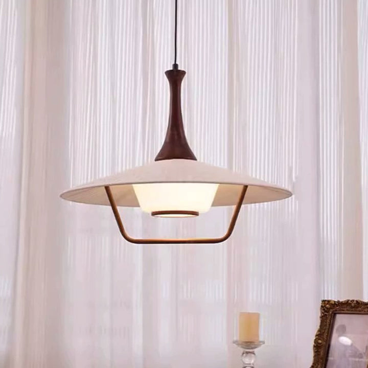 Traditionelle japanische Kegel-Eisen-Massivholz-Glas 1-Licht-Pendelleuchte für Wohnzimmer 