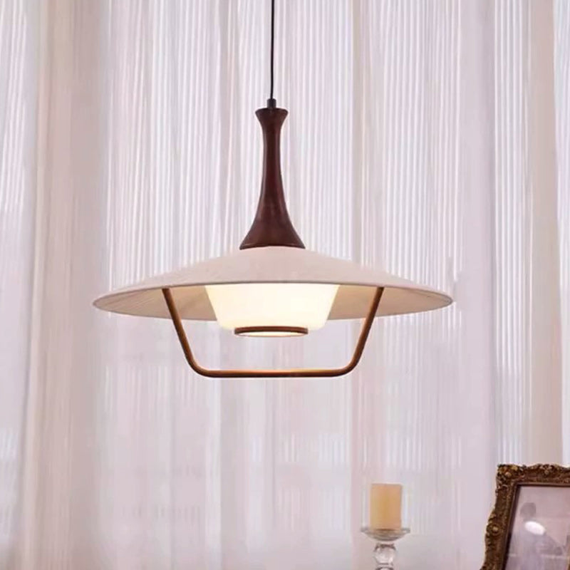 Traditional Japanese Cone Iron Solid Wood Glass 1-Light Pendant Light For Living Room