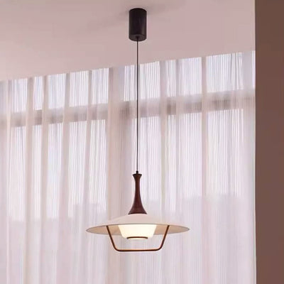 Traditional Japanese Cone Iron Solid Wood Glass 1-Light Pendant Light For Living Room