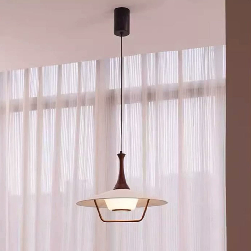Traditional Japanese Cone Iron Solid Wood Glass 1-Light Pendant Light For Living Room