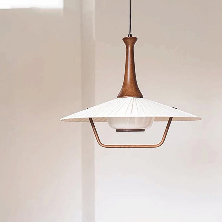 Traditionelle japanische Kegel-Eisen-Massivholz-Glas 1-Licht-Pendelleuchte für Wohnzimmer 