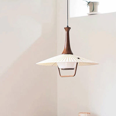 Traditional Japanese Cone Iron Solid Wood Glass 1-Light Pendant Light For Living Room