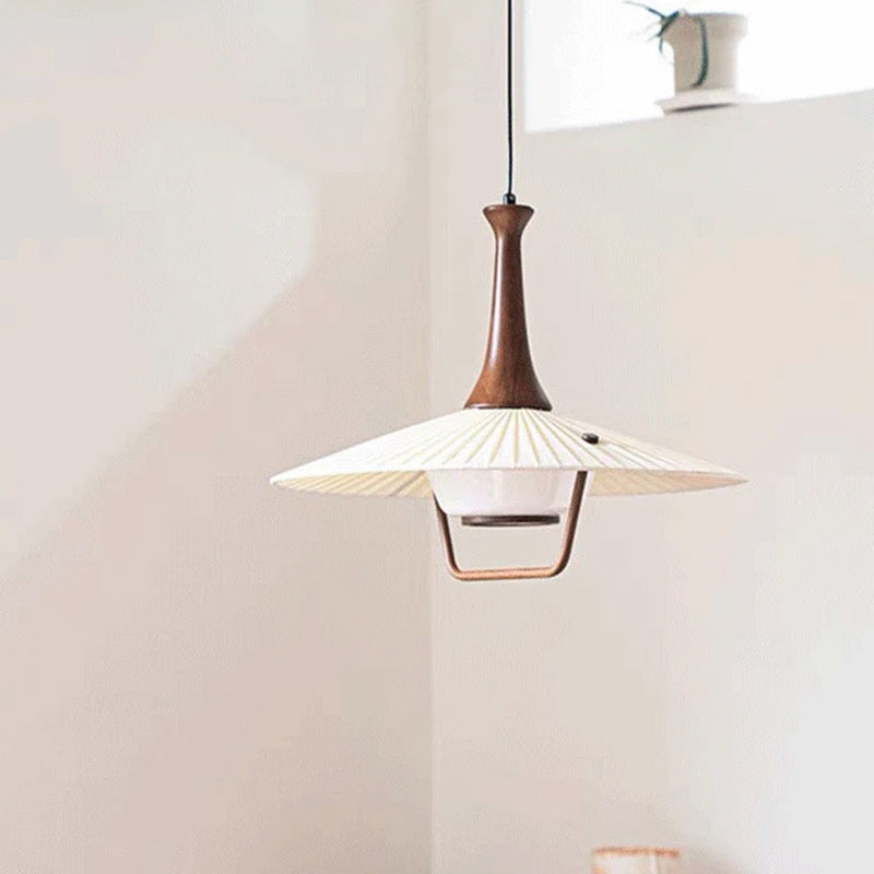 Traditional Japanese Cone Iron Solid Wood Glass 1-Light Pendant Light For Living Room
