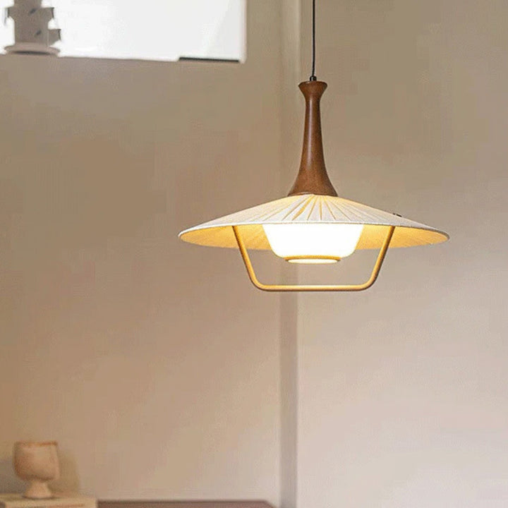 Traditionelle japanische Kegel-Eisen-Massivholz-Glas 1-Licht-Pendelleuchte für Wohnzimmer 