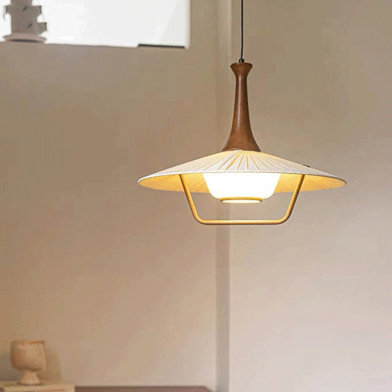 Traditional Japanese Cone Iron Solid Wood Glass 1-Light Pendant Light For Living Room