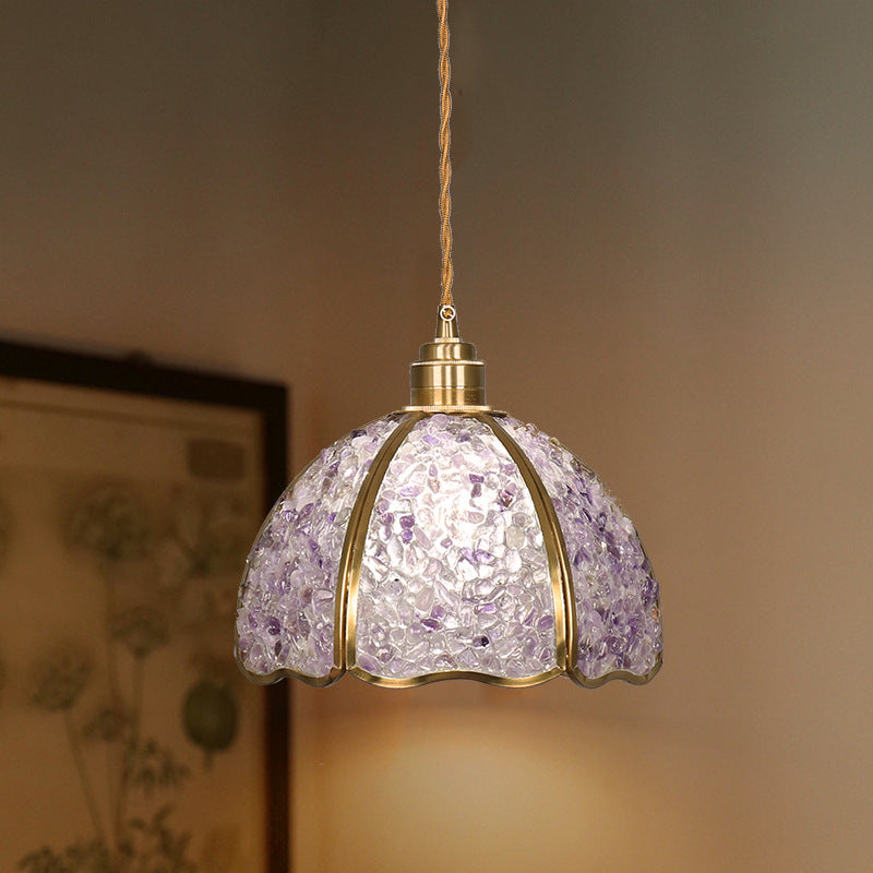 Lámpara colgante de 1 luz de cristal de cúpula de cobre de lujo contemporáneo para sala de estar 