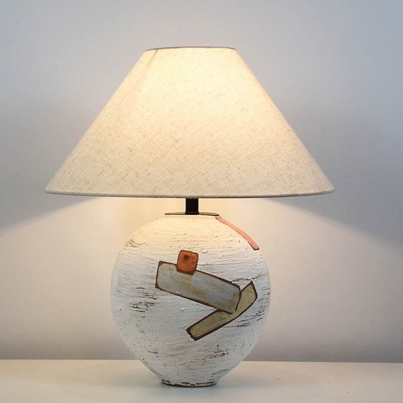 Traditional Japanese Frustum Cone Ceramic Fabric 1-Light Table Lamp For Bedroom