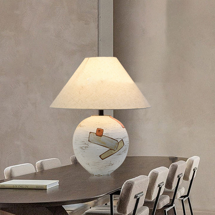 Traditional Japanese Frustum Cone Ceramic Fabric 1-Light Table Lamp For Bedroom