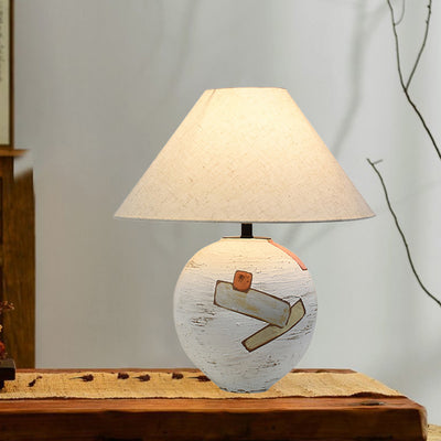 Traditional Japanese Frustum Cone Ceramic Fabric 1-Light Table Lamp For Bedroom