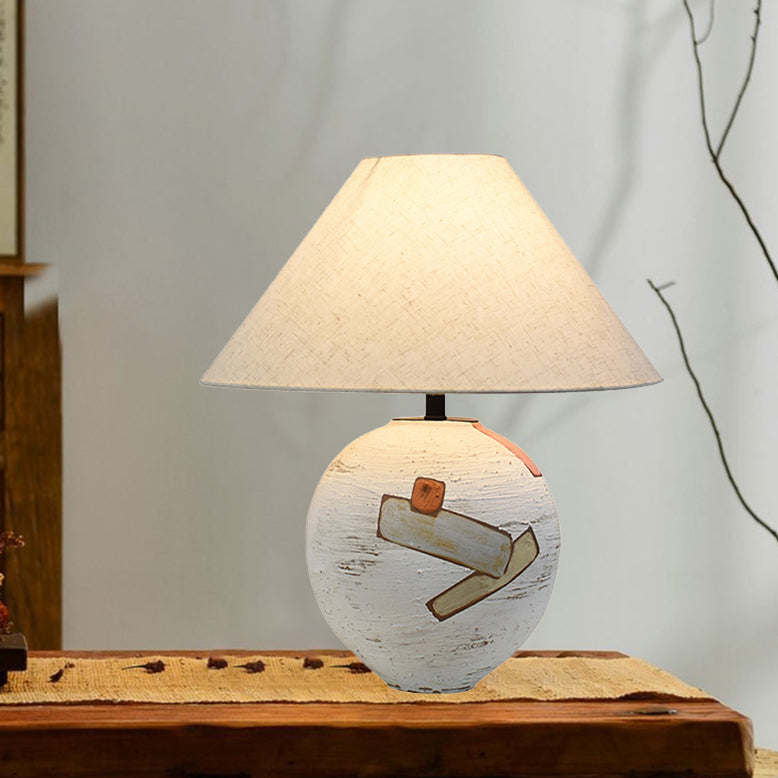 Traditional Japanese Frustum Cone Ceramic Fabric 1-Light Table Lamp For Bedroom