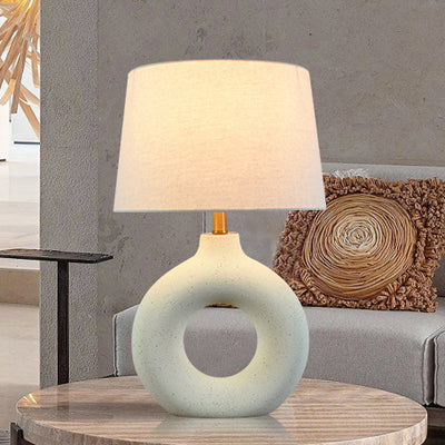 Traditional Japanese Circle Base Ceramic Fabric 1-Light Table Lamp For Bedroom