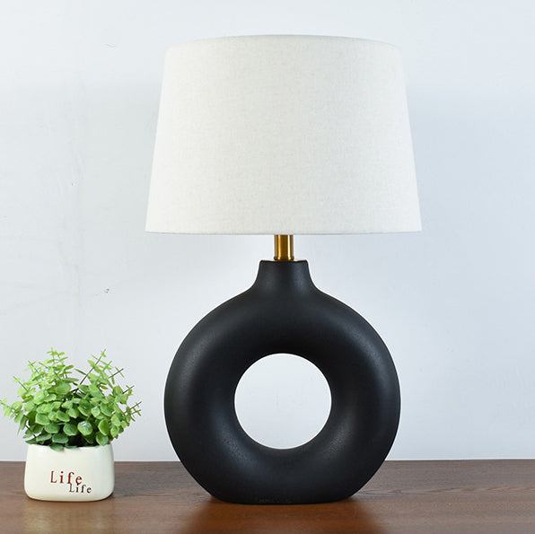 Traditional Japanese Circle Base Ceramic Fabric 1-Light Table Lamp For Bedroom