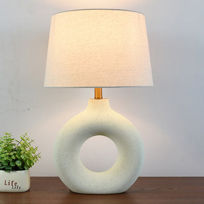 Traditional Japanese Circle Base Ceramic Fabric 1-Light Table Lamp For Bedroom