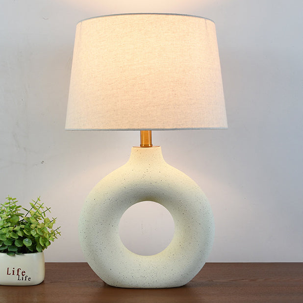 Traditional Japanese Circle Base Ceramic Fabric 1-Light Table Lamp For Bedroom
