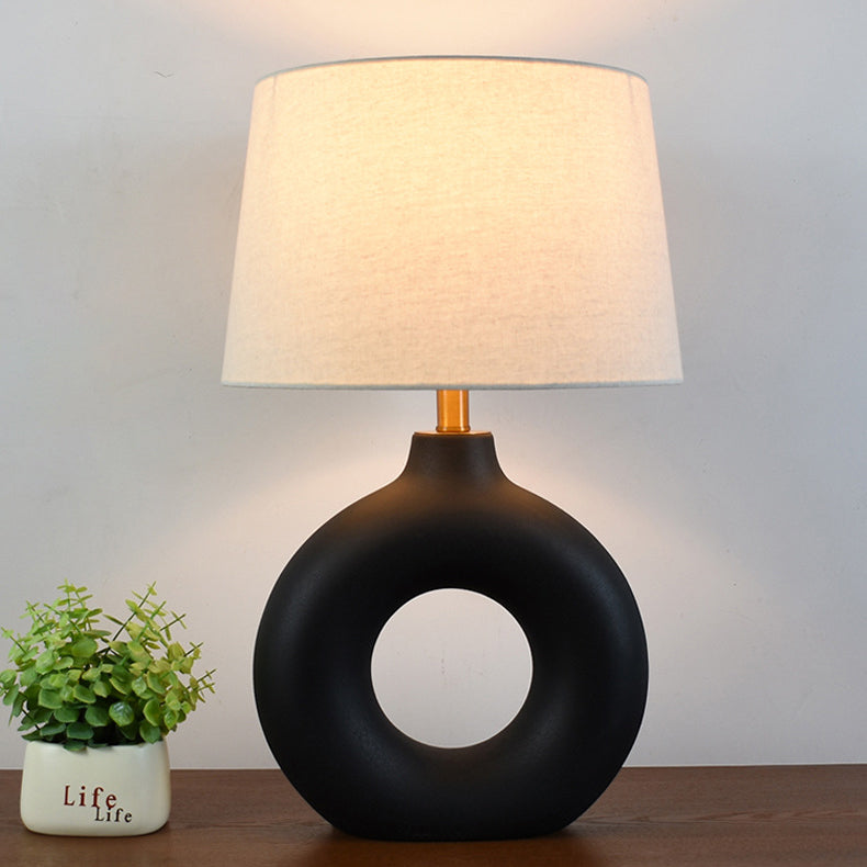 Traditional Japanese Circle Base Ceramic Fabric 1-Light Table Lamp For Bedroom