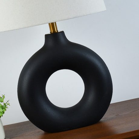 Traditional Japanese Circle Base Ceramic Fabric 1-Light Table Lamp For Bedroom