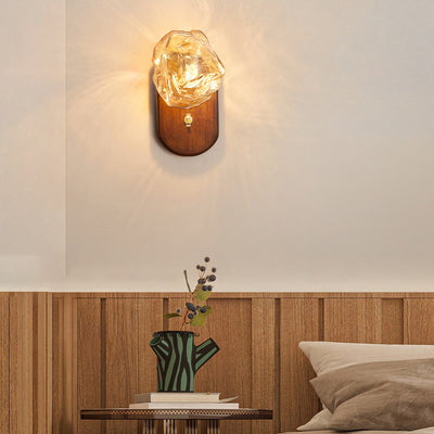 Modern Art Deco Irregular Ice Solid Wood Glass 1-Light Wall Sconce Lamp For Bedroom