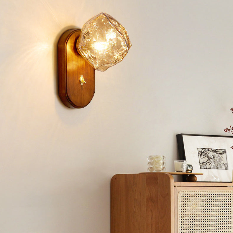 Modern Art Deco Irregular Ice Solid Wood Glass 1-Light Wall Sconce Lamp For Bedroom