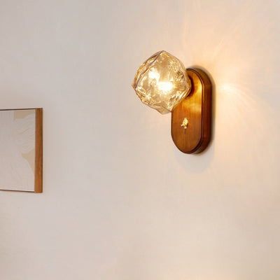 Modern Art Deco Irregular Ice Solid Wood Glass 1-Light Wall Sconce Lamp For Bedroom