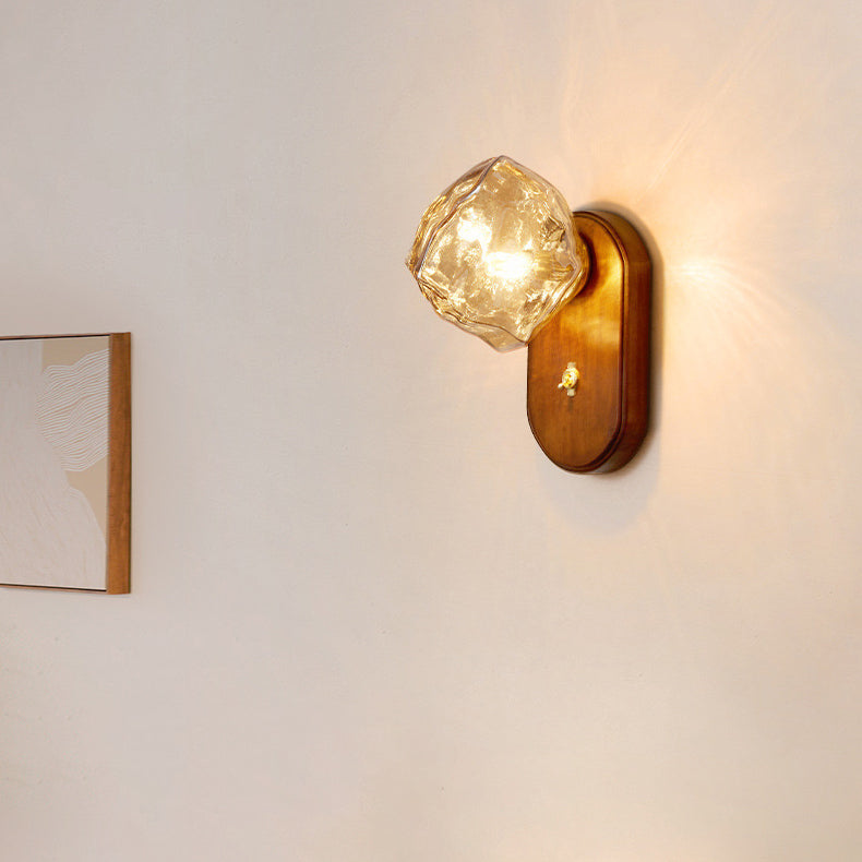 Modern Art Deco Irregular Ice Solid Wood Glass 1-Light Wall Sconce Lamp For Bedroom