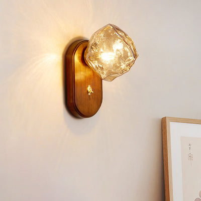 Modern Art Deco Irregular Ice Solid Wood Glass 1-Light Wall Sconce Lamp For Bedroom