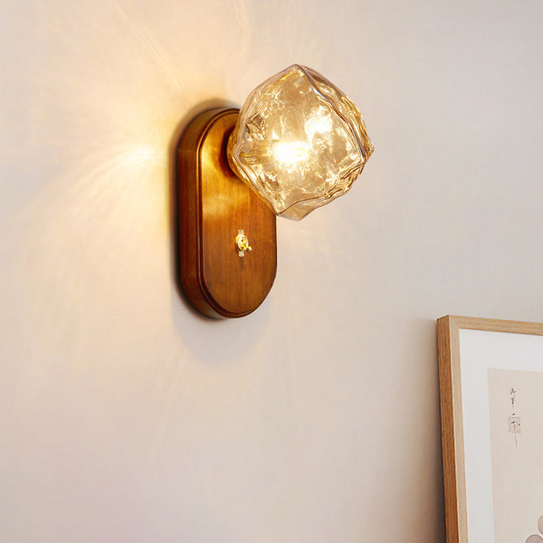 Modern Art Deco Irregular Ice Solid Wood Glass 1-Light Wall Sconce Lamp For Bedroom