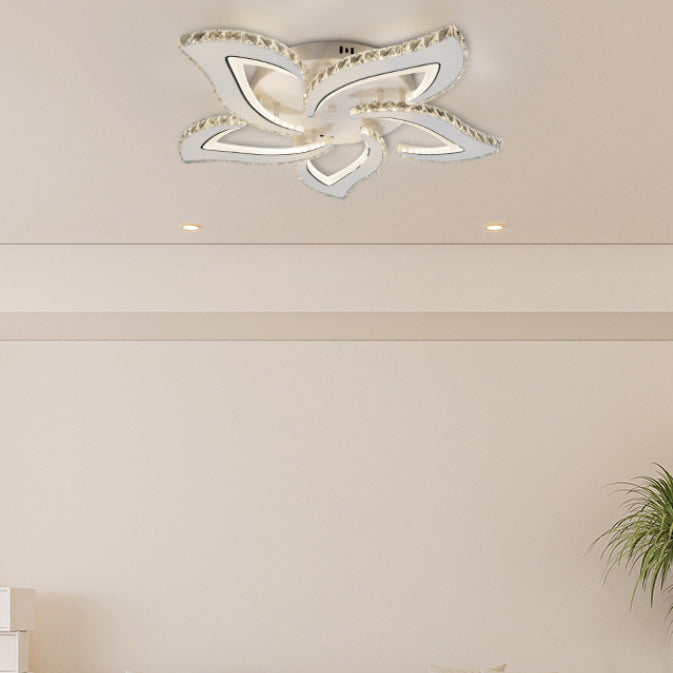 Modern Luxury Flower Iron Crystal Acrylic LED Semi-Flush Mount Ceiling Light For Bedroom
