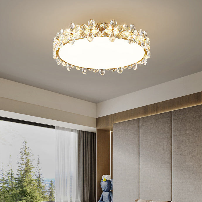 Plafonnier LED rond en acrylique cuivre avec cristaux modernes pour chambre à coucher 